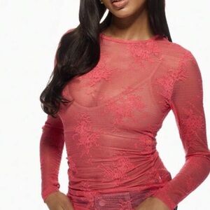 Missguided+ Sheer Lace Long Sleeve Top - Pink / Salmon